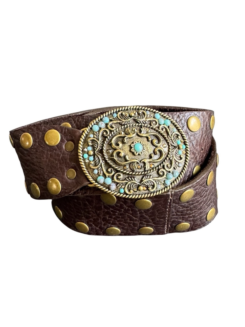 Leatherock Brown Studded Leather Belt Embellished Buckle Festival Cowgirl Medium